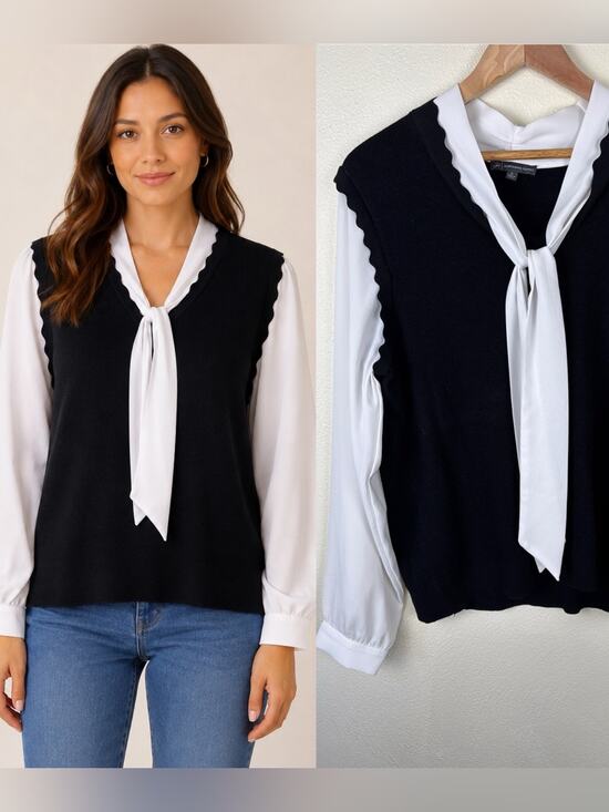 Adrianna Papell Tops - Adrianna Papell Sweater Blouse XL Bow Tie Black White Career Office Minimalist